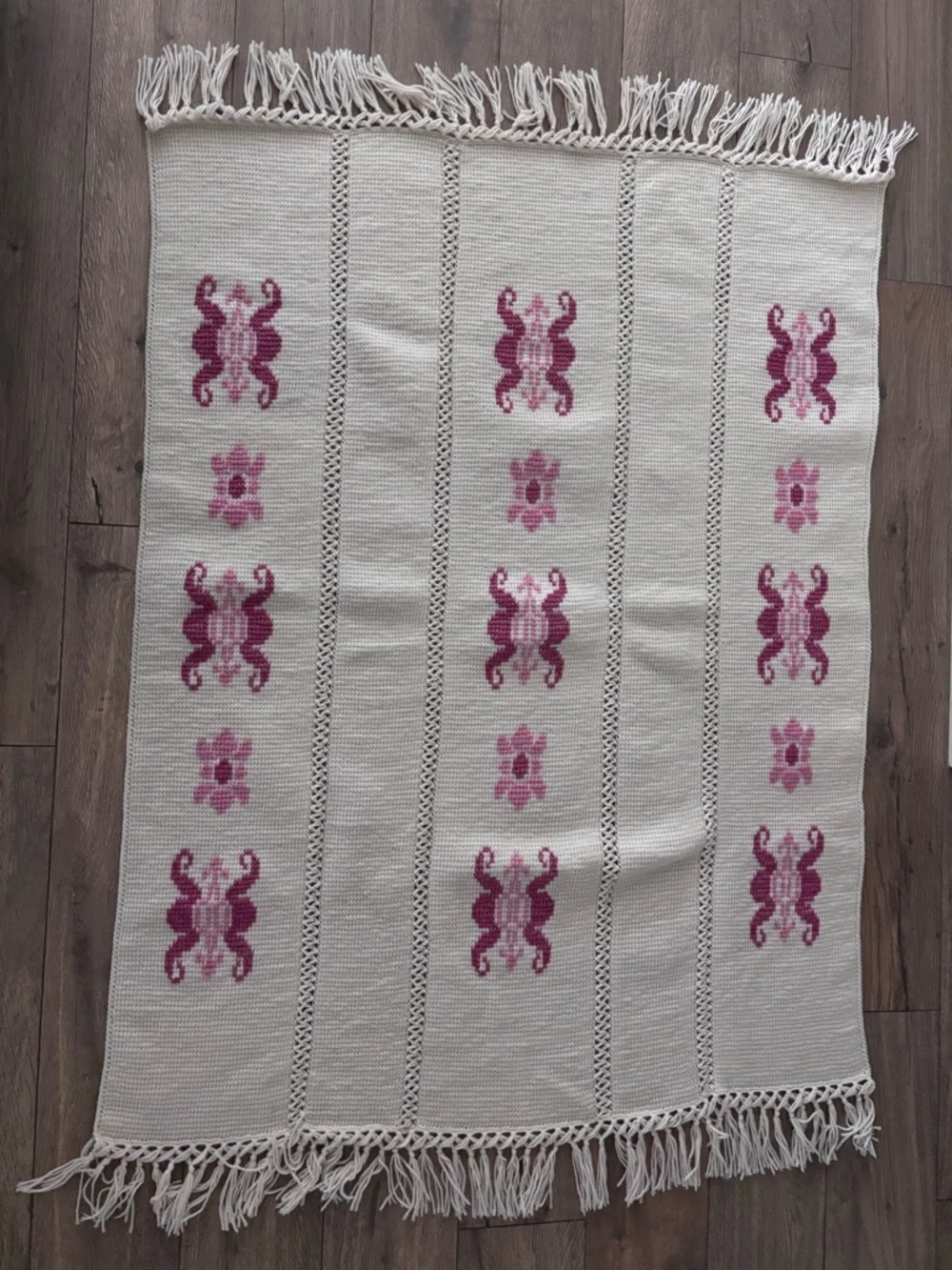 Handmade Crochet Throw Blanket Cream Pink Fringe Boho Cottage Anthro Afghan